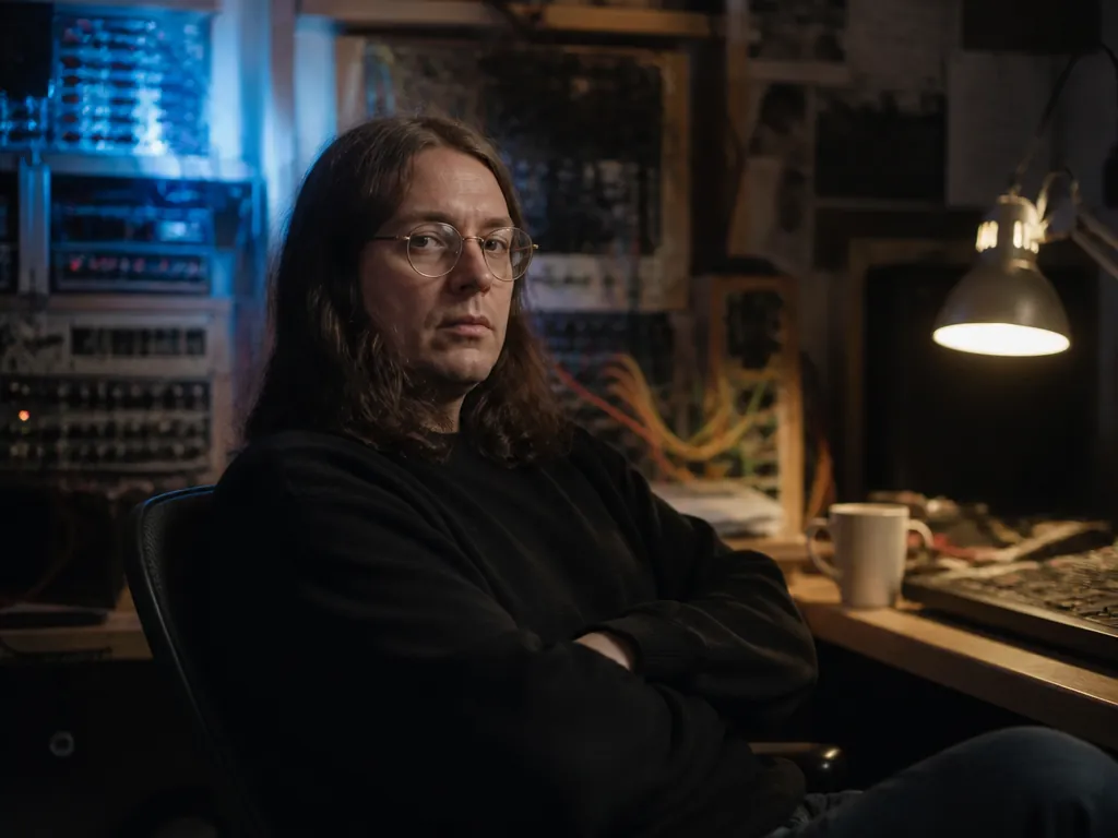 An environmental portrait of a sound designer seated in a cluttered project studio, turned…