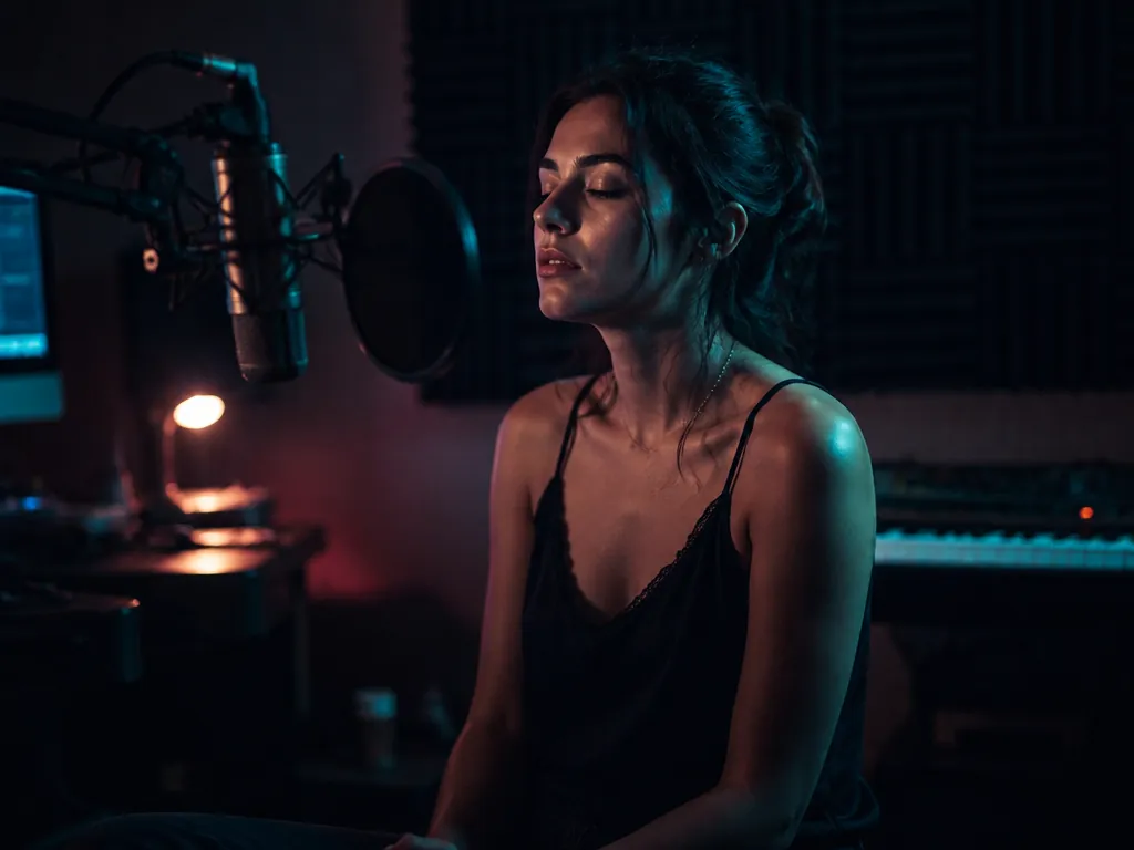A dimly lit home recording studio photographed at 1am, a young woman with dark…