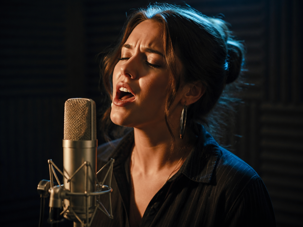A close-up studio portrait of a professional vocalist standing before a vintage condenser microphone…