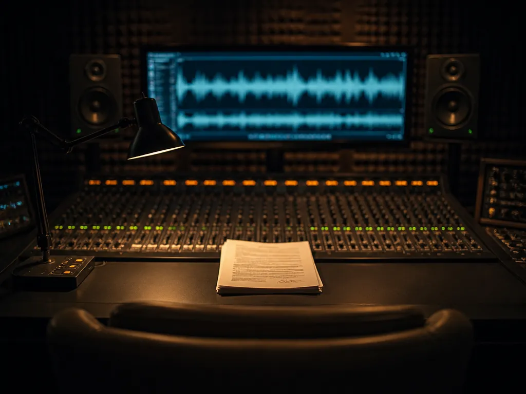 A photorealistic editorial photograph of a professional recording studio control room at night, shot…