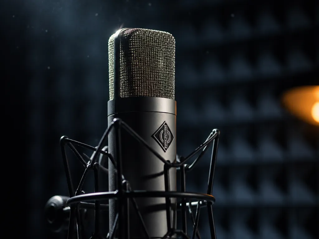 A macro-style close-up of a professional studio condenser microphone standing alone in an empty…