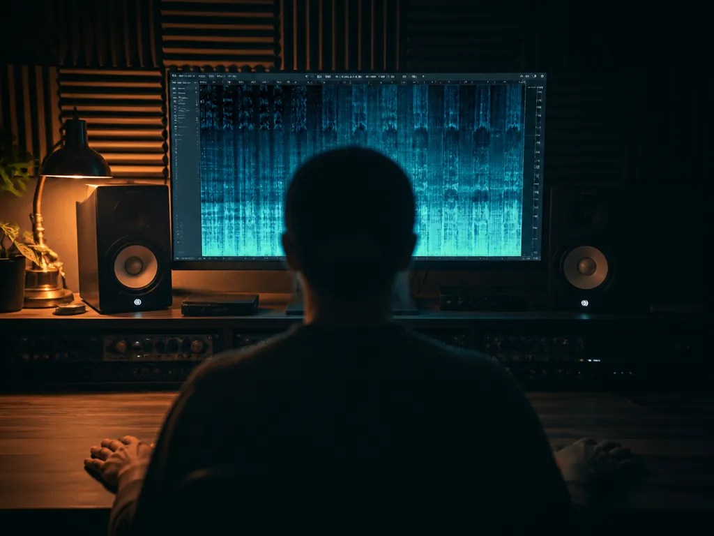 A dimly lit home recording studio at night, shot from behind a producer seated…