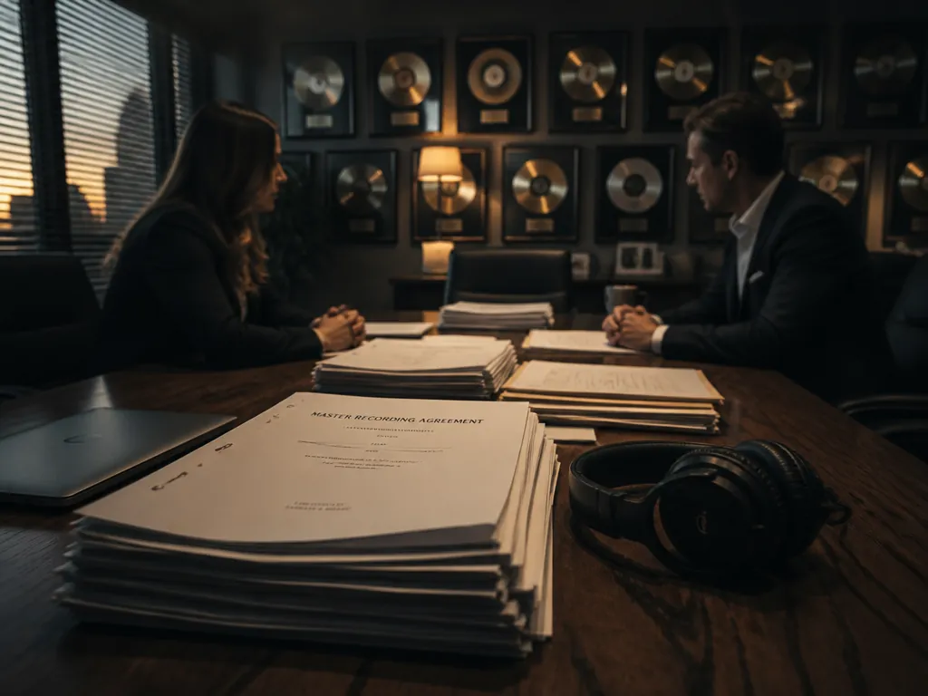 A wide, dimly lit conference room in a music industry office at dusk, photographed…