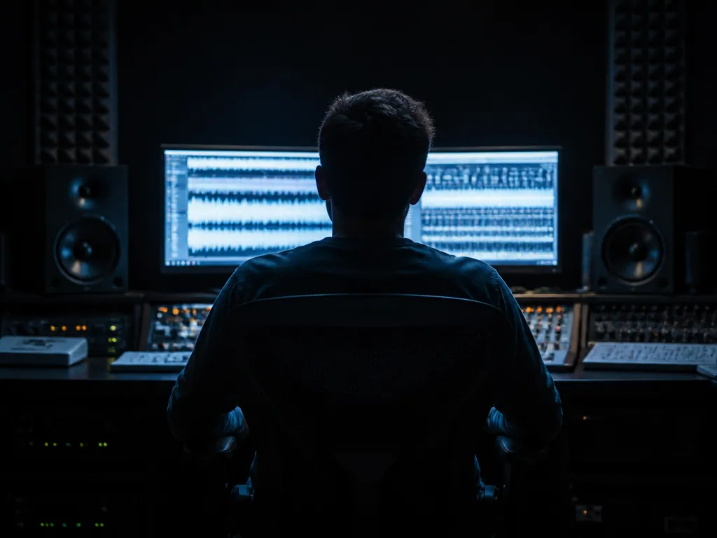 A lone sound engineer seen from behind in a darkened control room, photographed with…