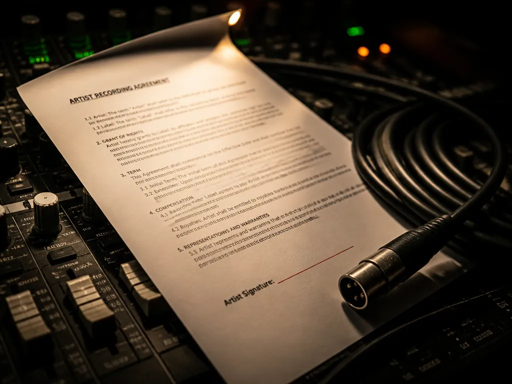 A tight macro-leaning still life on a recording studio desk, shot from a high…