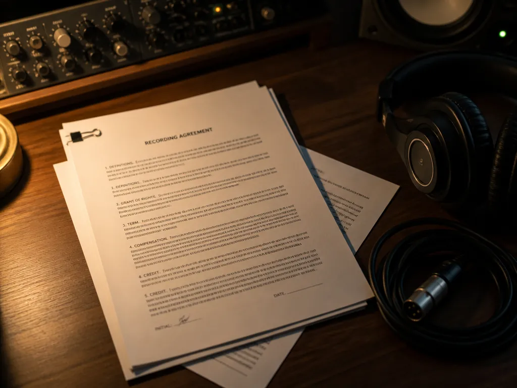 An overhead flat-lay on a dark walnut desk of a professional recording studio: a…