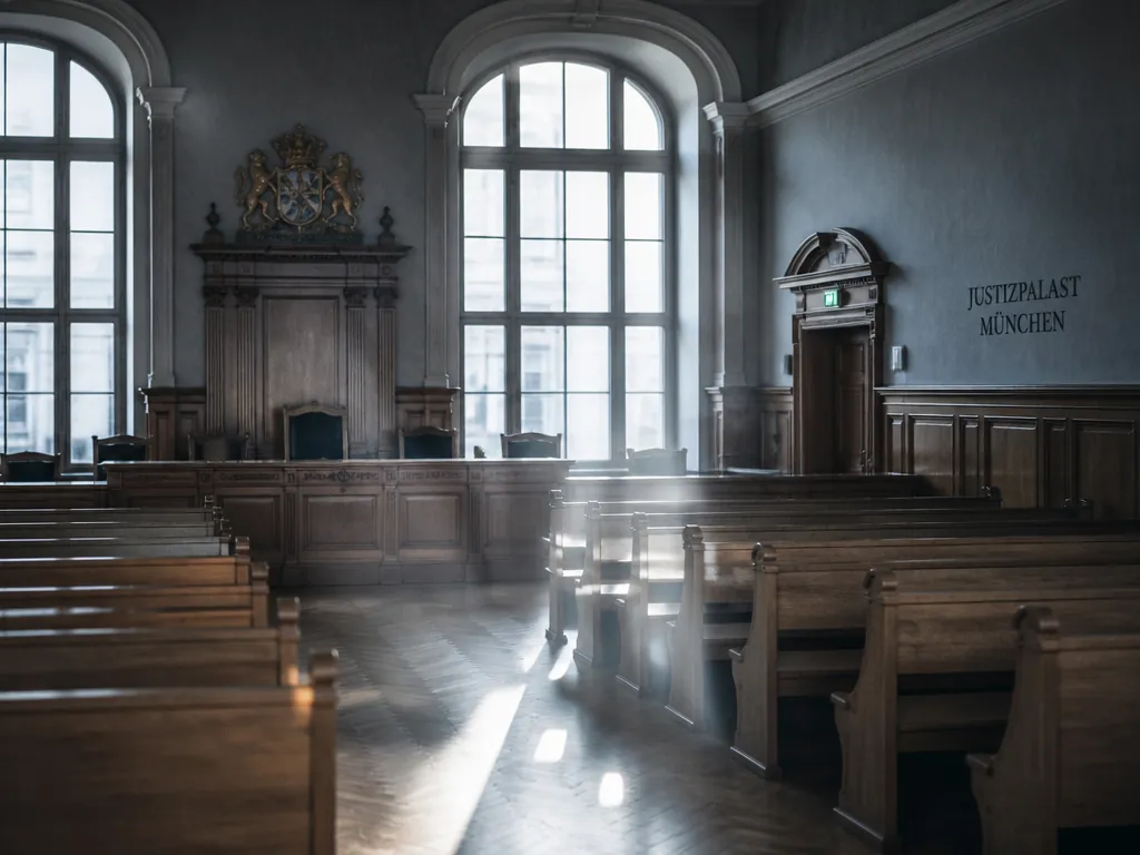 A wide, quiet Munich courtroom photographed in the late afternoon, empty oak benches receding…