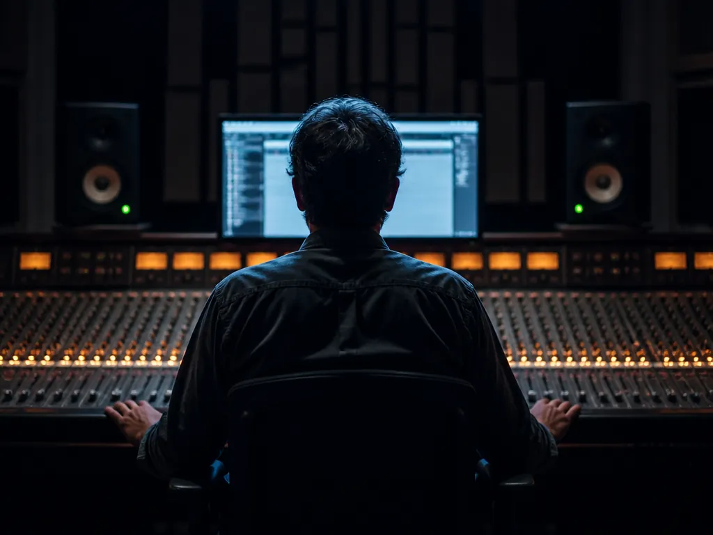 A sound engineer seen from behind in a dim mixing room, seated at a…
