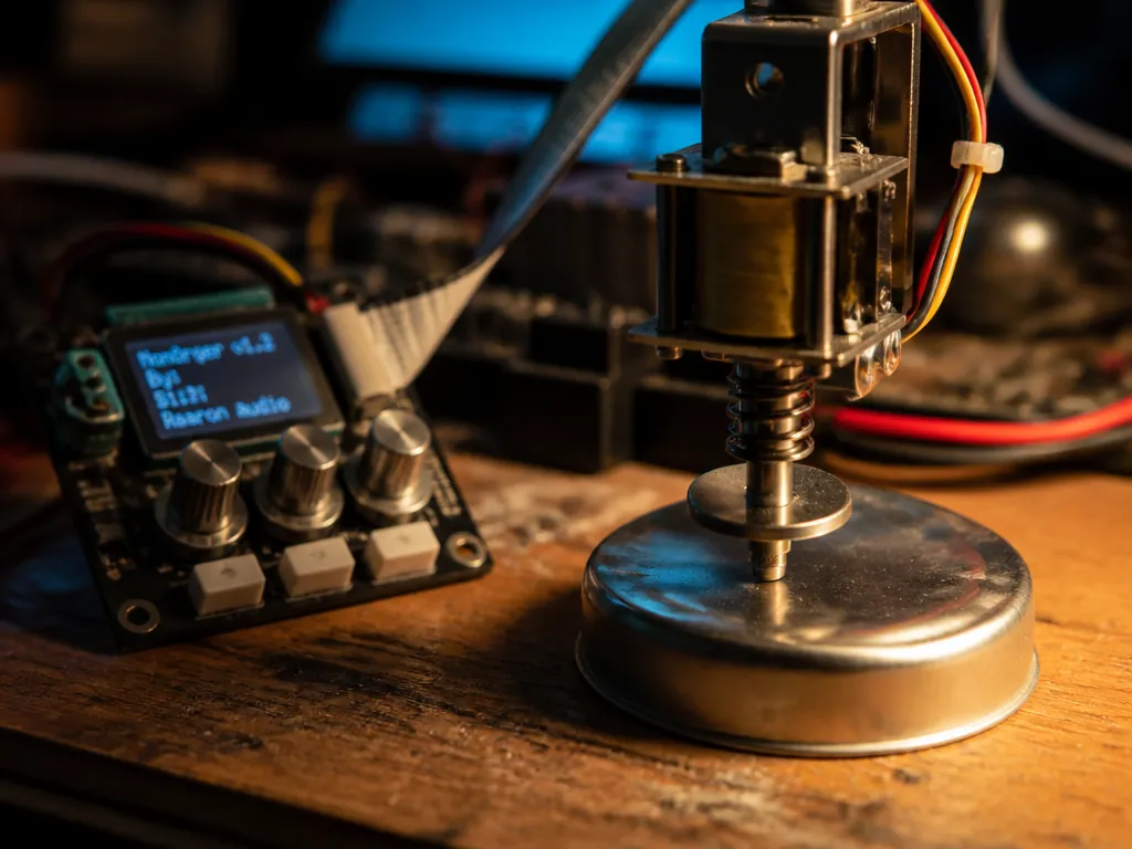 Extreme close-up macro photograph of a workbench in a dim home studio: a small…