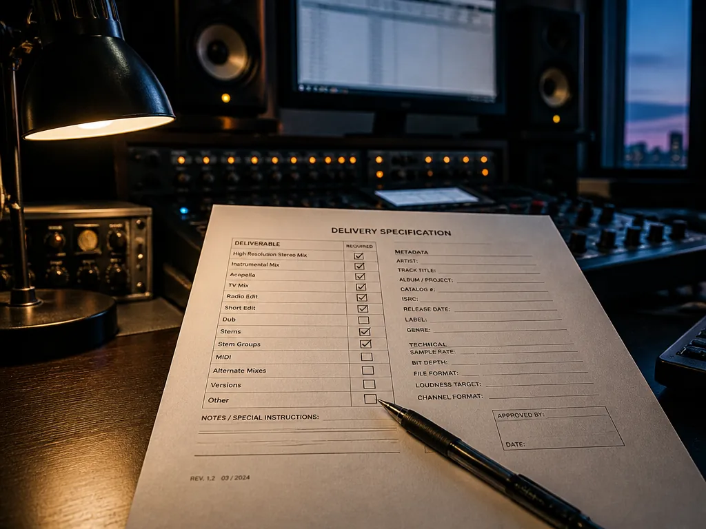 A tight, photorealistic overhead shot of a cluttered mastering studio desk at dusk: a…