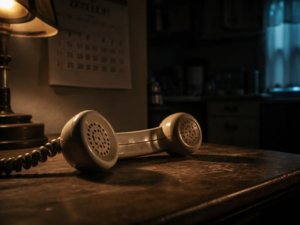 A close-up photorealistic photograph of a vintage landline telephone handset resting off its cradle…