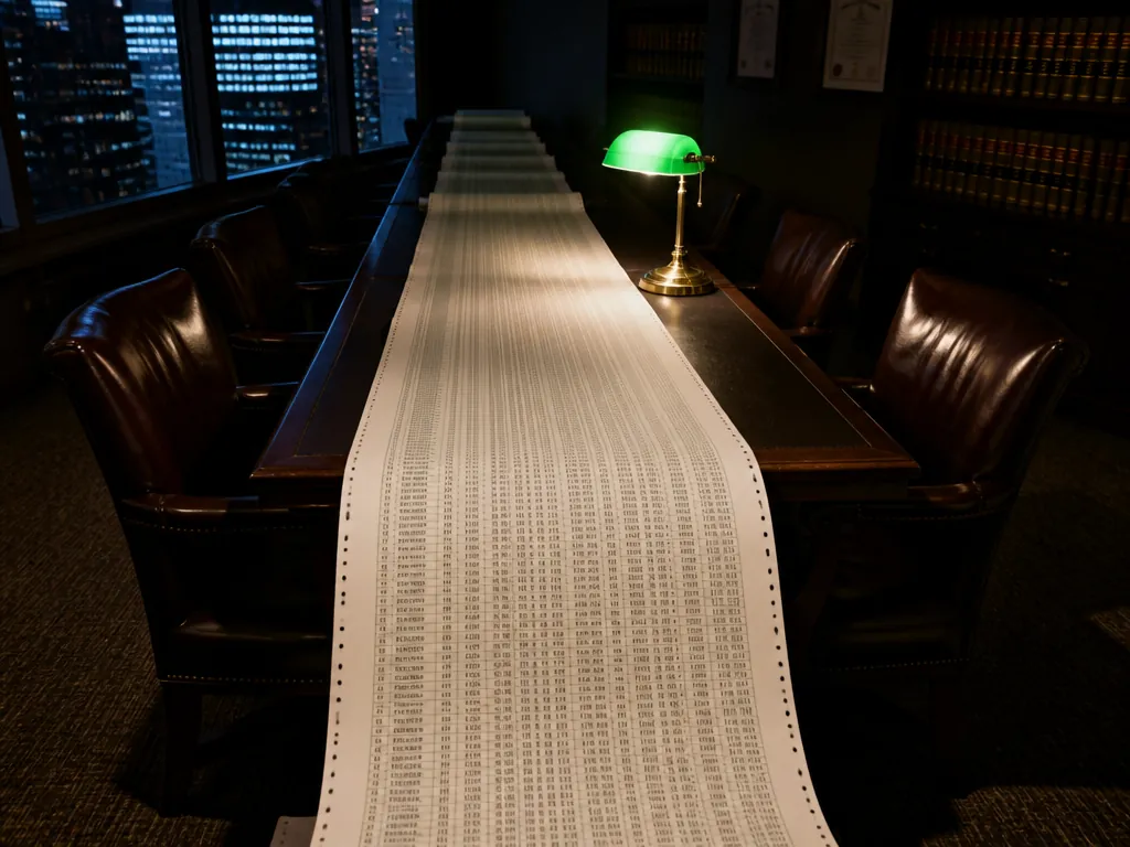 A wide overhead photograph of a long conference table in a dim law office…