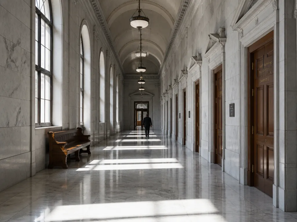 A photograph of a federal courthouse corridor at mid-morning, tall arched windows throwing long…