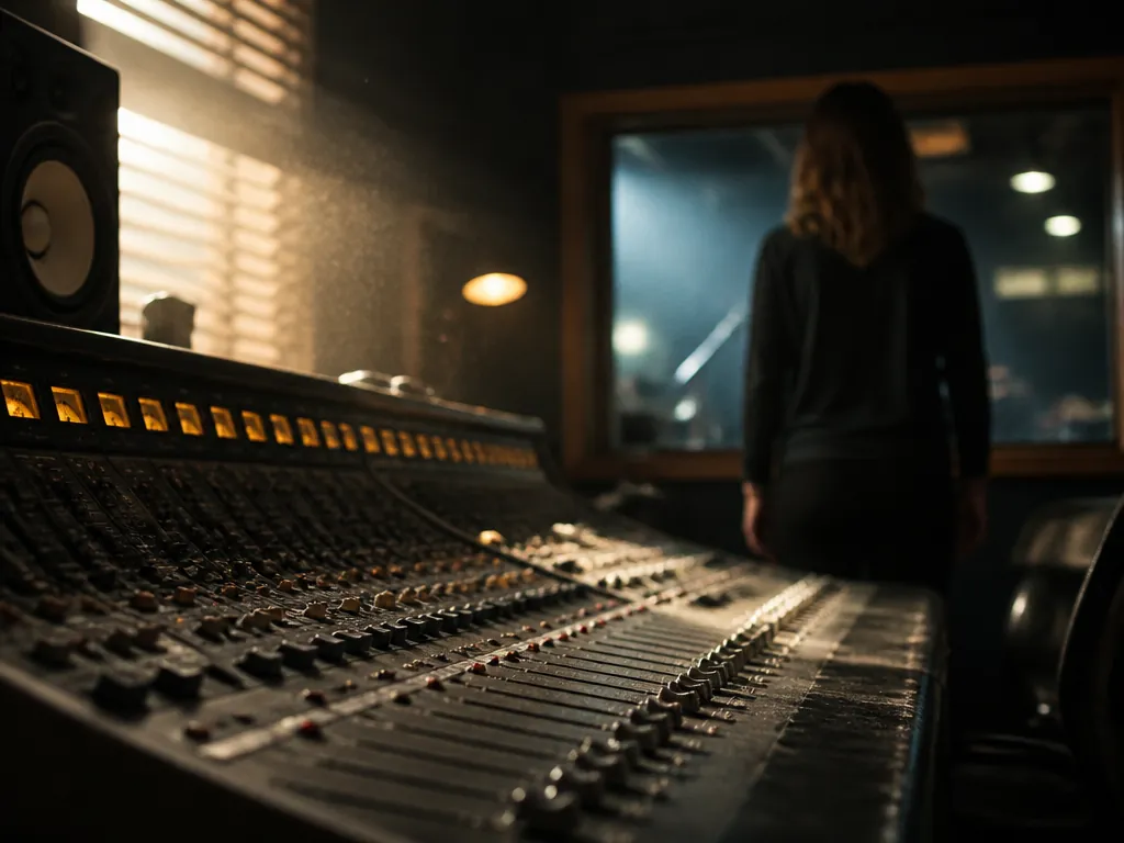 A close-up photograph inside a professional recording studio control room, the foreground dominated by…