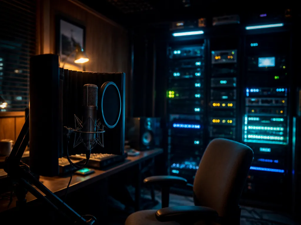 A photorealistic wide interior photograph of a small home audio studio at night, shot…
