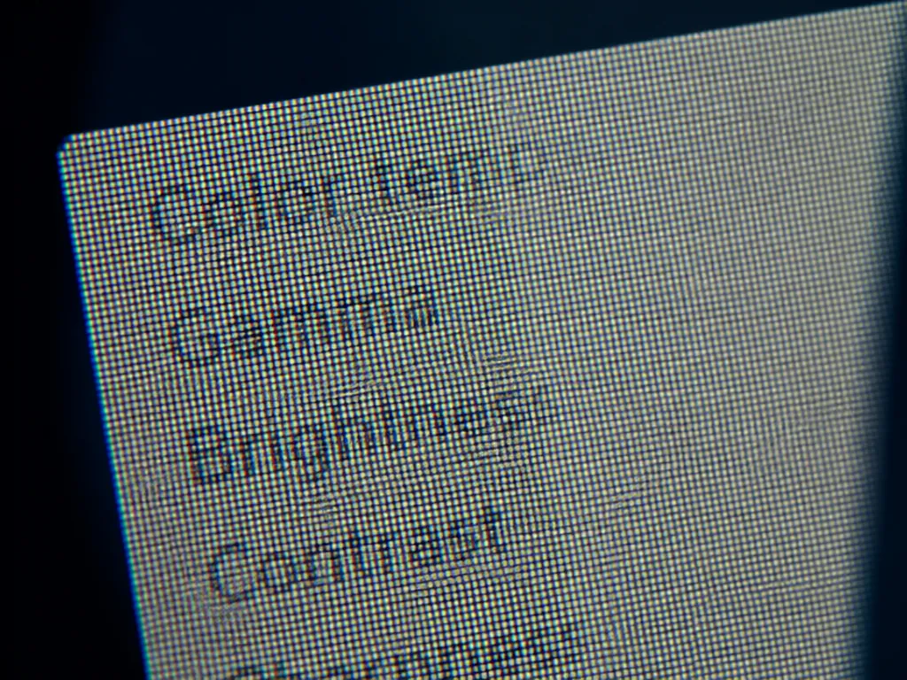An extreme macro photograph of an LCD panel surface at pixel level, individual red-green-blue…