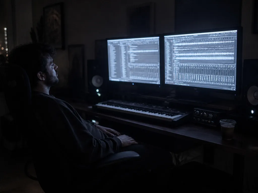 A dim home music studio photographed at 2 a.m., a single producer seated at…