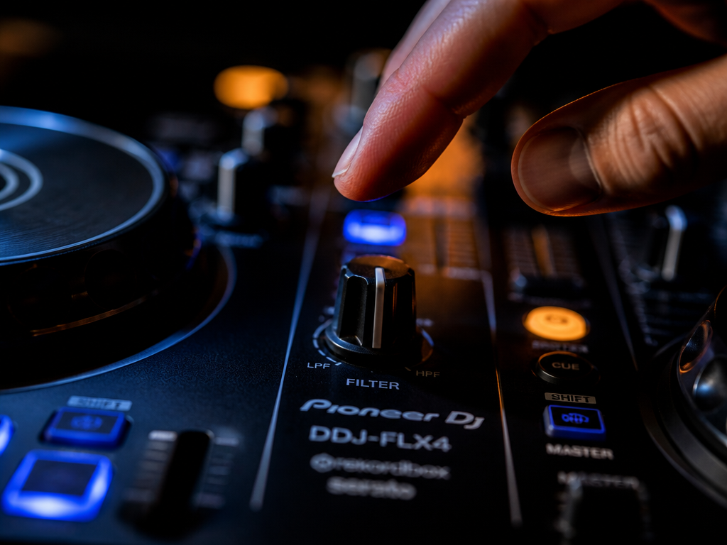 Close-up macro photograph of a Pioneer DDJ-FLX4 DJ controller on a dark studio desk…