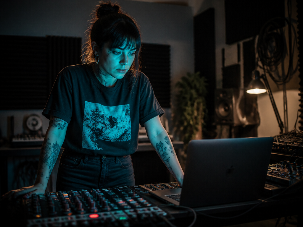 Wide environmental shot of a focused female sound designer standing behind a laptop and…