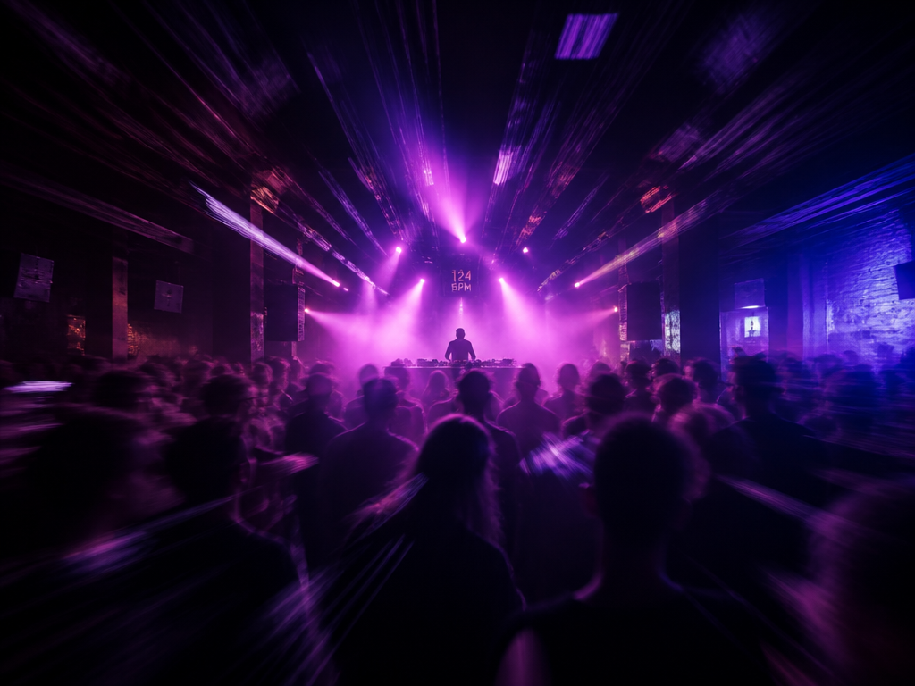 Atmospheric photograph of a small live electronic music event at 124 BPM, the silhouetted…