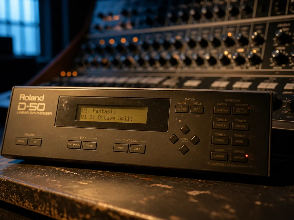 A photorealistic close-up product photograph of a vintage 1980s digital synthesizer's control panel resting…