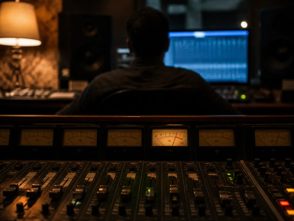 A recording studio control room photographed in low warm light, an audio engineer seated…