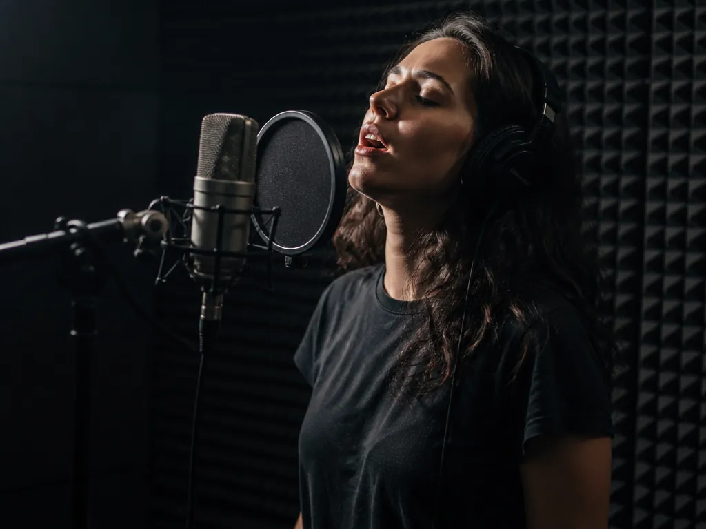 A vocalist standing alone in a treated recording booth behind a large-diaphragm condenser microphone…