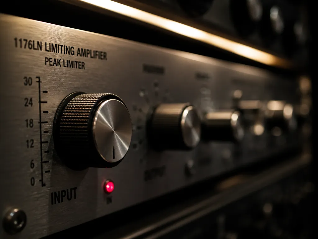 Extreme macro photograph of a vintage hardware compressor's front panel in a dim equipment…