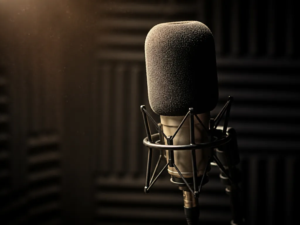 A close-up photograph of a professional recording studio microphone in a darkened vocal booth…