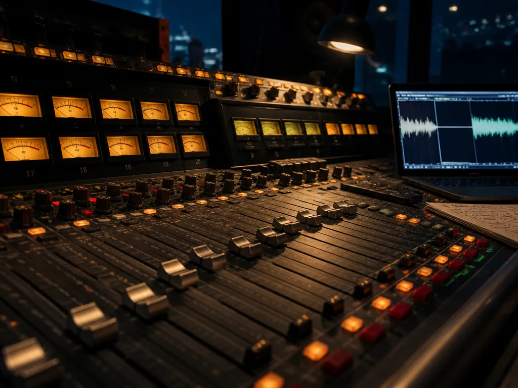 A photorealistic overhead shot of an audio engineer's mixing desk at night, hands nowhere…