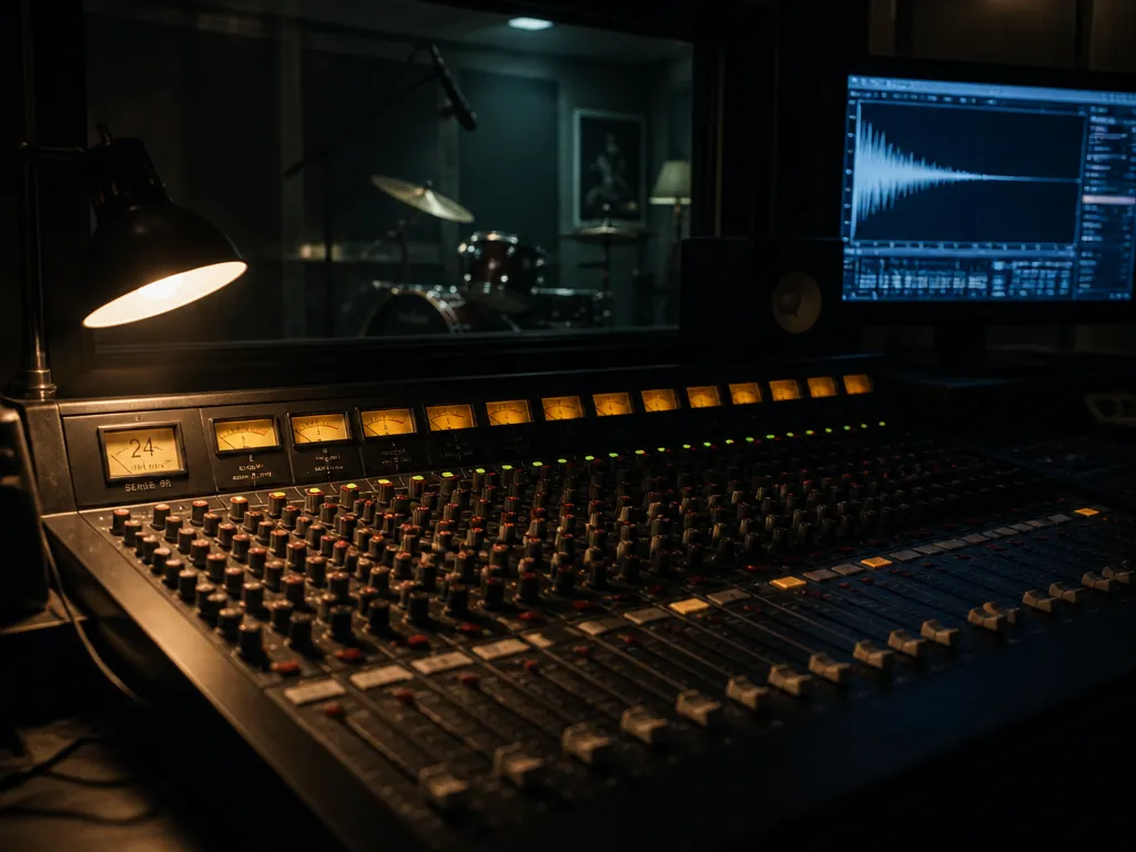 A dimly lit professional recording studio control room at night, shot on a full-frame…