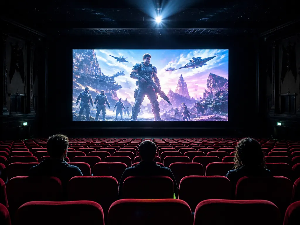 A cavernous cinema auditorium photographed from the back row, wide 24mm lens, f/4, deep…