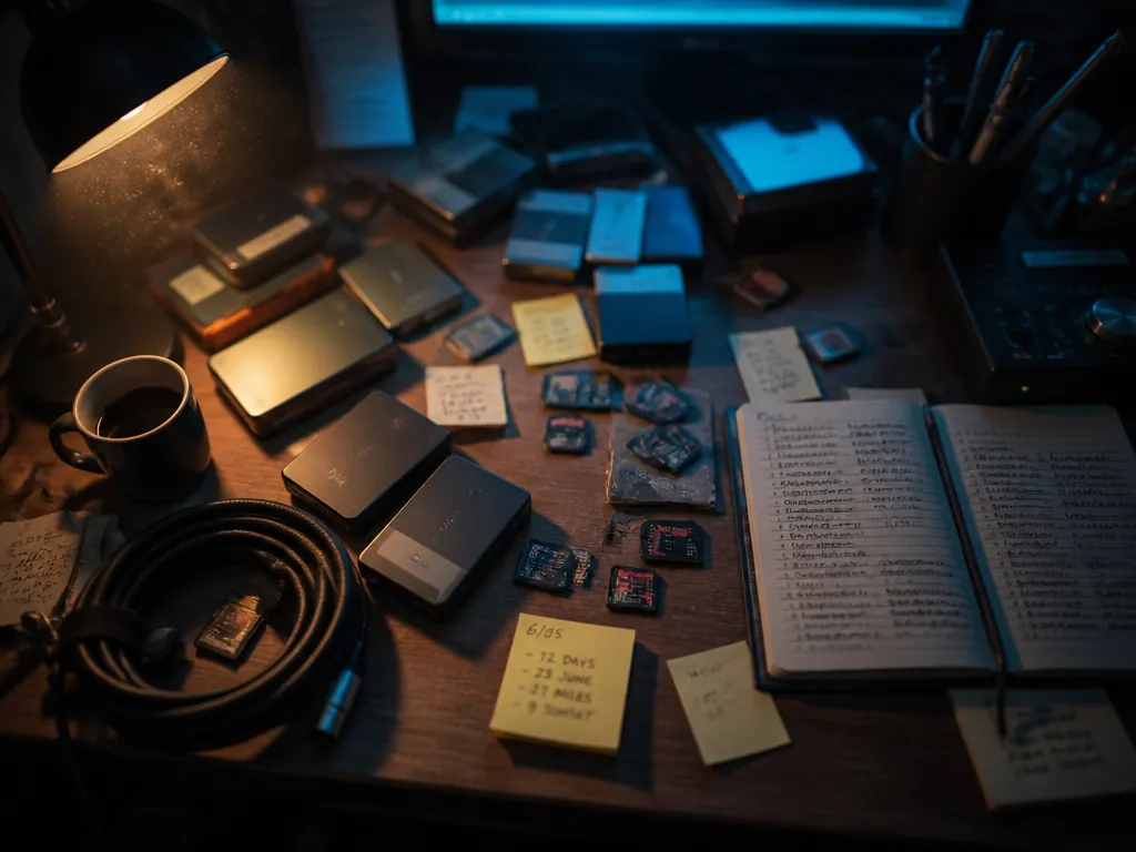 A photorealistic overhead photograph of a cluttered home studio desk at night, shot from…