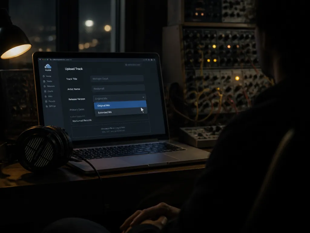 A dimly lit home studio at night, photographed at eye level from behind a…