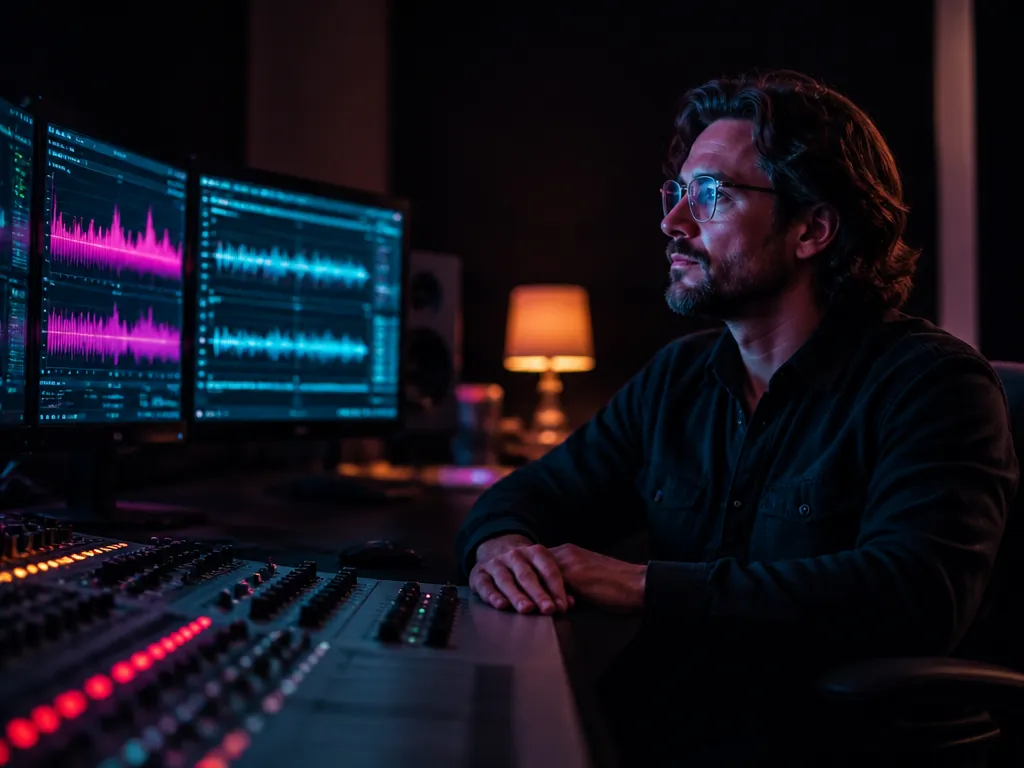 An environmental portrait of a sound designer seated in a darkened studio control room…