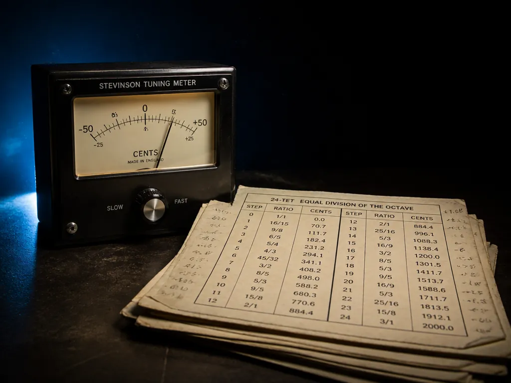 A photorealistic studio photograph of a vintage analog tuning meter and a stack of…