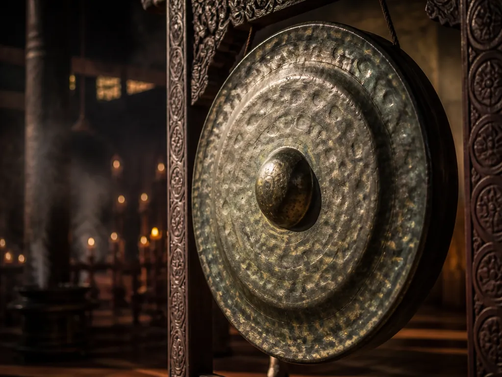 A close-up photograph of a hand-forged bronze gamelan gong resting on a carved wooden…