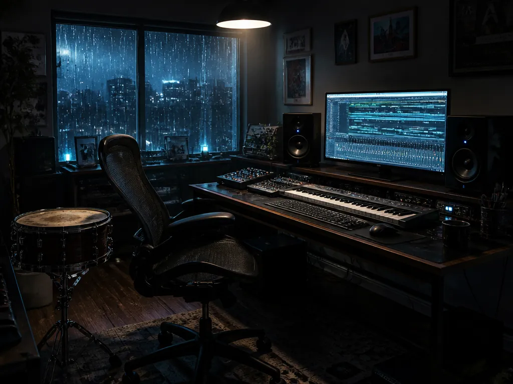 Interior of a small music production room at night seen in one wide, quiet…
