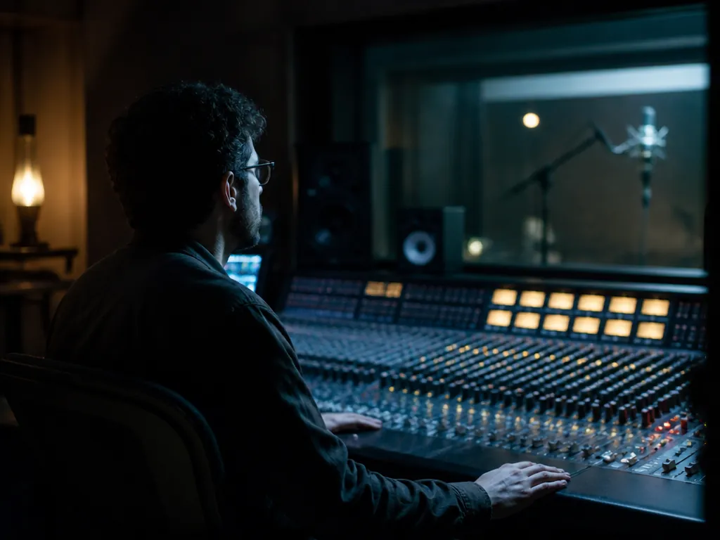 A photorealistic wide portrait of a sound engineer seated at a mixing console in…