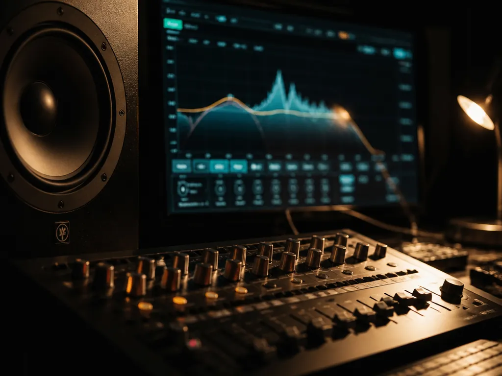 A close-up photograph of a producer's home studio desk at night, shot from a…