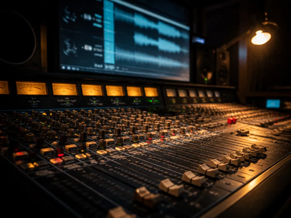 A dimly lit professional recording studio control room photographed at night, the mixing console's…
