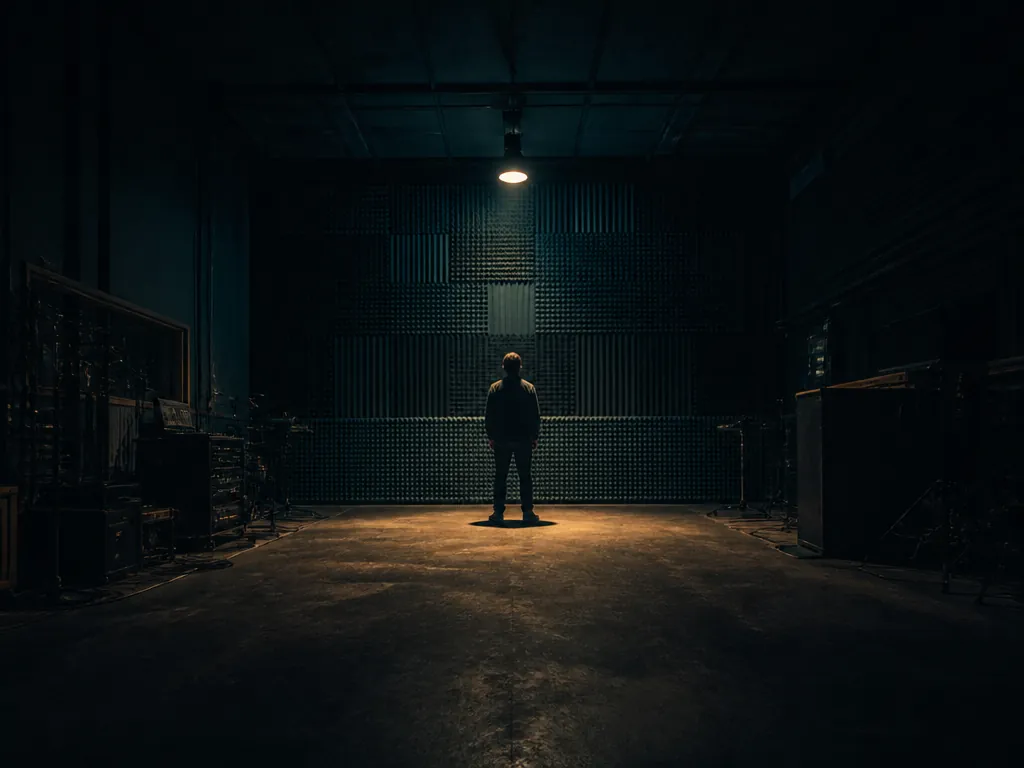 A wide environmental portrait of a sound engineer standing with their back to the…