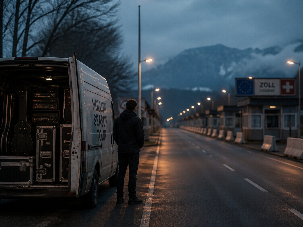 A photorealistic wide-angle shot at dusk of a weathered white touring van parked at…
