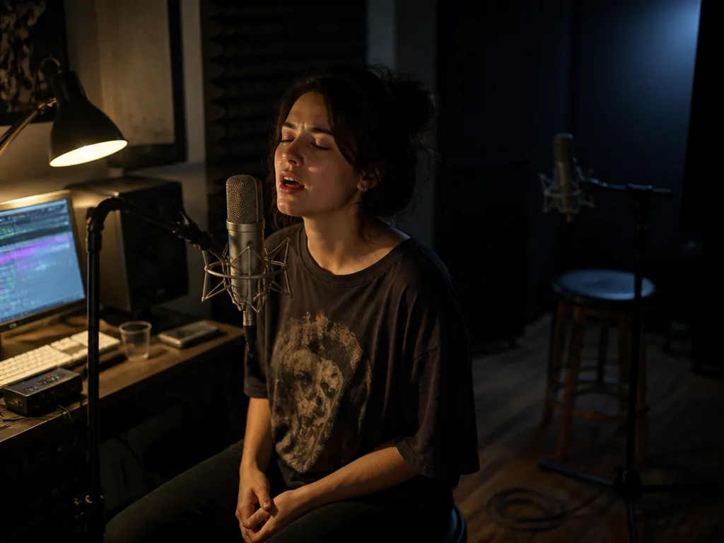 A dimly lit home recording studio at night, photographed at eye level: a young…