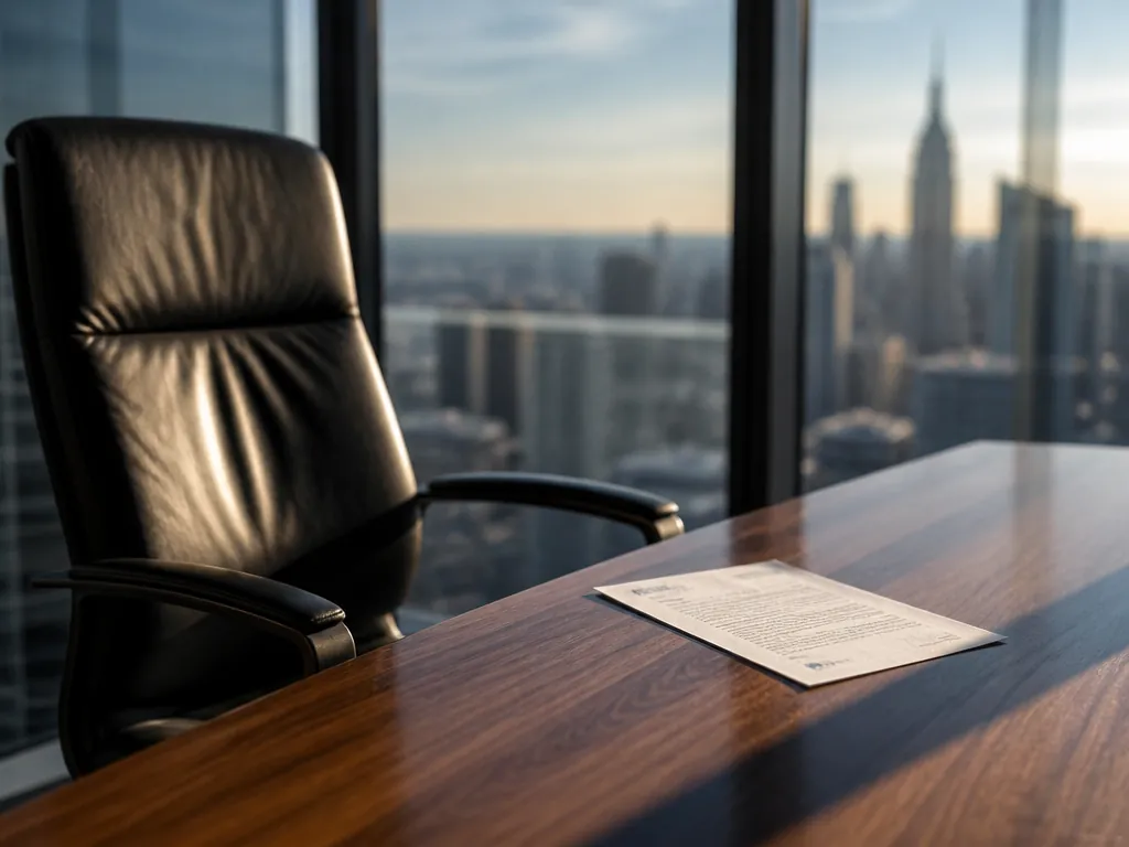 A close-up photorealistic photograph of an empty leather executive chair pulled slightly back from…
