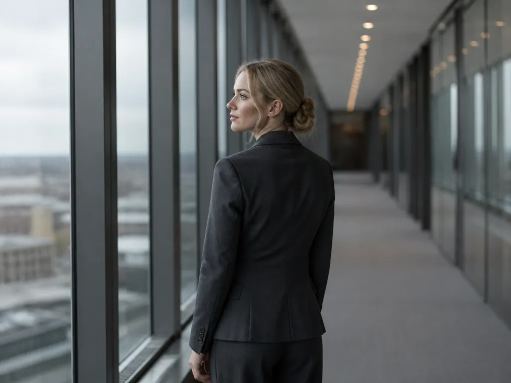 A photorealistic candid photograph of a woman in a tailored charcoal blazer standing alone…
