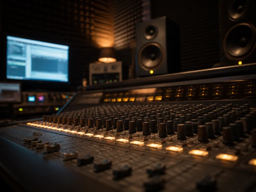 A photorealistic low-light photograph of a professional recording studio control room at night, the…