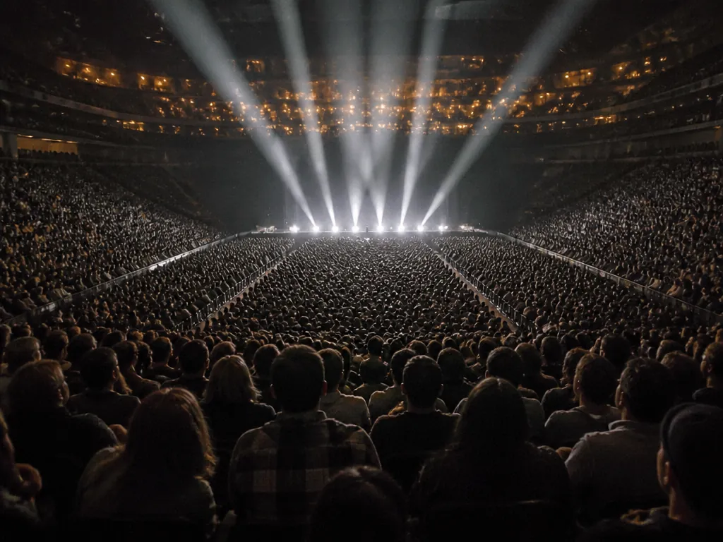 A cavernous arena photographed from the rear upper tier an hour after doors, every…