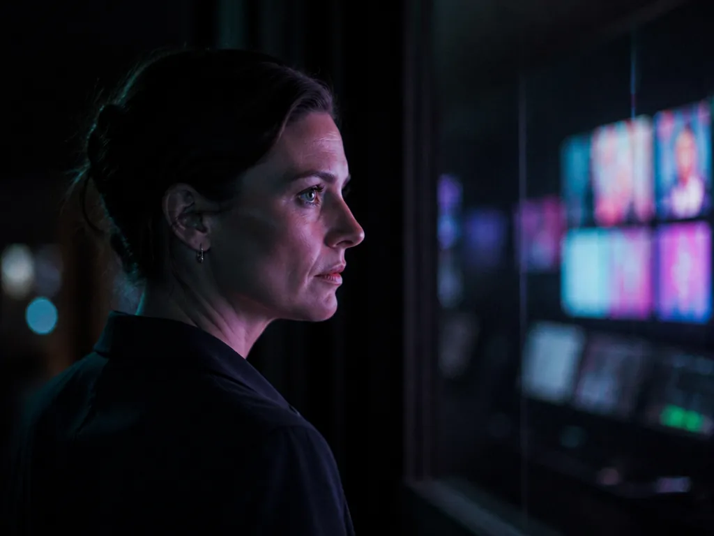 A woman in her thirties standing alone in a darkened studio control room, seen…
