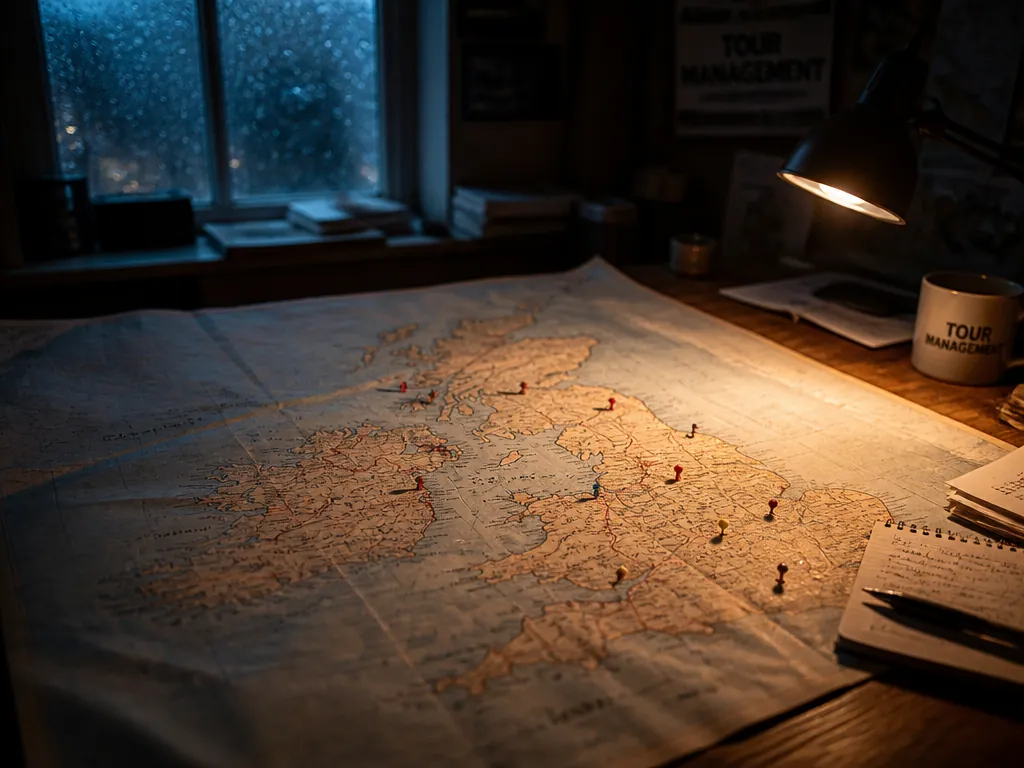A dim tour-management office at night, an oversized paper map of the UK and…